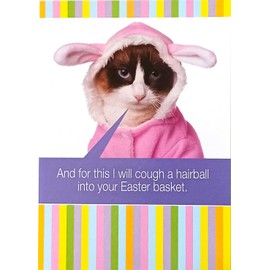 Funny Happy Easter Greeting Card with Cat in Bunny Costume - For This I Will Cough A Hairball