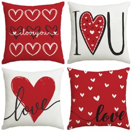 Valentines Day Decorations-Valentine Pillow Covers 20x20 Set of 4, Red Hearts I Love You Happy Valentine's Day Throw Outdoor Pillow Covers Anniversary Wedding Cushion Case for Home Sofa Couch Decor