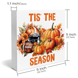 Dolimifa Fall Decor Football pumpkins Wooden Box Sign Tis' the season Decorations Rustic Home Desk Shelf Tabletop Decor 5 x 5 Inches