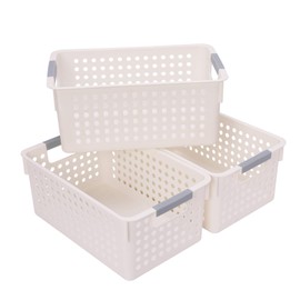 JAKAGO Medium Plastic Storage Baskets Kitchen Cupboards Organiser Storage Baskets for Shelves -Set of 3(White, M)