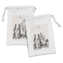 Ambesonne Bali Fabric Pouch Set of 2, Bali Indonesia Traditional Galungan Balinese Building Exotic Illustration, Small Drawstring Bag for Toiletries Masks and Favors, 9" x 6", Ivory and Black