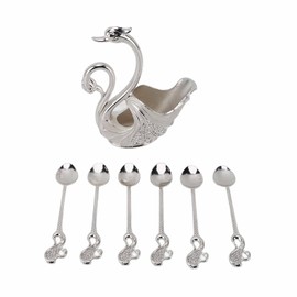Swan Dinnerware Set Metal Tableware Cutlery Set Decorative Swan Base Holder with 6 Spoons for Stirring Mixing Coffee Desserts Silver White