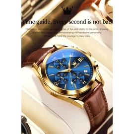 OLEVS Mens Watches-Chronograph Fashion Casual Analog Quartz Watch Waterproof, Dress Luminous Wrist Watches with Leather Strap for Men Black/Brown/White/Blue Dial (brownbandgoldcasebluedial)