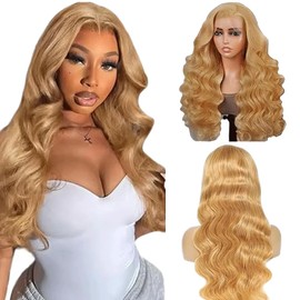 Gsoroel 24 Inch (61 cm) 13 x 6 HD Lace Front Wig Human Hair #27 Honey Blonde Colour 150% Density Body Wave Lace Front Wig Human Hair Pre Plucked Glueless Wigs Real Hair Wig for Women