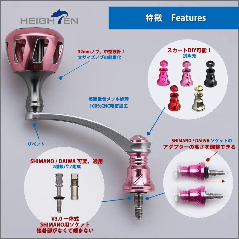 HEIGHTEN 2.2 inches (56 mm) Reel Handle 1.3 inches (32
