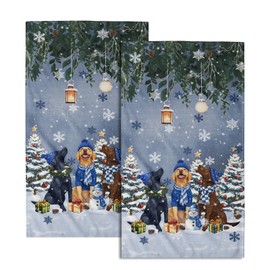 Giwawa Winter Dog Towel Set of 2, Christmas Trees Snowman Presents Funny Puppy Decorative Hand Towels, Xmas Snow Scene Soft Microfiber Face Towel Washcloth for Bathroom Guest Gym Spa Hotel