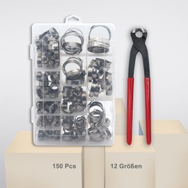 DIYoung 150 Pieces Single Ear Hose Clamp Set 6-33.1mm 304 Stainless Steel Adjustable with Clamp Pliers - for Water Pipes, Plumbing and Automotive Applications (12 Sizes + Pliers)