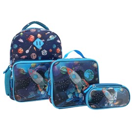 HAPPYSUNNY Kids Backpack for Boys Picture Changing Lenticular Spaceman and Rocket 15 Inch Hologram School Backpack with Lunch Box and Pencil Case, Preschool Backpack Kindergarten Bookbag Set