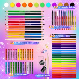 Cokiki Art Supplies,184-Piece Art Sets for Girls Ages 6-12,Purple Princess Christmas Birthday Drawing Art Kit with Colored Pencils,Crayons,Oil Pastels,Watercolor Paint Set for Kids Girls Teens