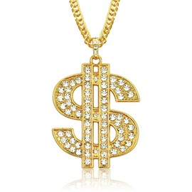Neyeau Gold Chain Dollar Sign Necklace Pendant Gold Plated Necklace with Rhinestones Rapper Chain Costumes Hip Hop Punk Us Dollar Chain Cosplay Personality Wild For Men Women Party Accessories