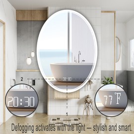 YIDABATH LED Bathroom Mirror with Digital Time & Temperature Display, 20×28 Inch Oval Lighted Mirror, Front & Back Lighting, 3-Color Stepless Dimming, Anti-Fog, Shatter-Proof