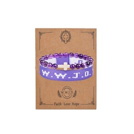 COLORFUL BLING 2Pcs Set Natural Healing Stone WWJD Cross Rope Woven Beaded Strand Adjustable Bracelet with Meaningful Card Inspirational for Women Jewelry What Would Jesus Do Woven Faith-Purple