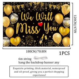 Black Gold Miss You Banner - We Will Miss You Backdrop Sorry Your Leaving Decorations, Goodbye Background for Retirement Graduation Farewell Party Supplies (180X120CM)