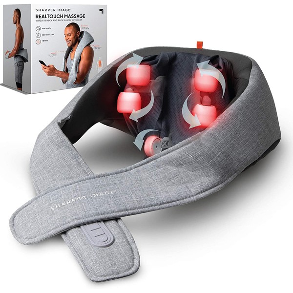 Sharper Image Realtouch Shiatsu Massager, Warming Heat Soothes Sore Muscles, Wireless & Rechargeable - Best Massager for Neck Back Shoulders Feet Legs – w/ 6 Massage Heads, Holiday Gift