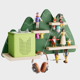 LUPWNEKA Green Mountain Tonie Shelf Wall Mounted - Tonies Wall Shelf for Toniebox, Charging Station, Magnetic Wood Display Floating Shelves for Tonie Figures Storage
