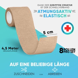 Health Press Selbstklebender Verband - 8x Pflaster Rolle (5,0cm x 4,5m) - Original Health Press Verbandsmaterial - Elastische Bandage - Haftbandage selbstklebend Hautfarben