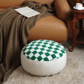 Artbloss Unstuffed Pouf Cover Ottoman Footrest Soft Touch Foot Stool Floor Bean Bag Floor Chair Storage for Living Room Bedroom Home Decor (Green Check, Round)