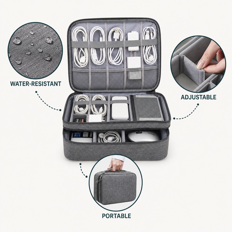 Large Capacity Travel Electronics Organizer Bag, Water-Resistant Cable and Charger