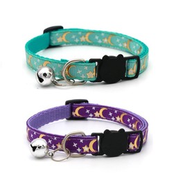2 Pack Breakaway Cat Collar with Bells,Adjustable Moon and Star Kitten Safety Collars (Green，Purple, 1 * 32CM)