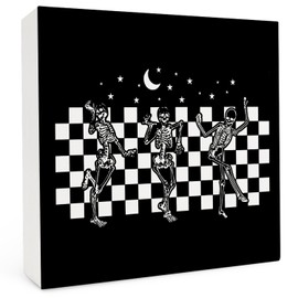 Funny Halloween Skeleton Wood Box Sign 5x5 Inch, Halloween Skull Decor, Dark Academia Witchy Gothic Dancing Skeleton Wood Box Signs for Home Bedroom Office Shelf Table Desk Decor