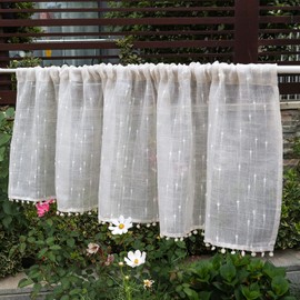 ArtisticHome Natural Linen Cafe Curtain 18 Drop for Kitchen Window Half Sheer Window Valance Tier, Cute Romantic Window Curtain with Pom poms for Bedroom Girls Room Bookshelf Decor 59"x18"