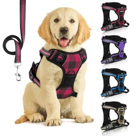 No Pull Dog Harness with Leash included,Perfect Breathable Adjustable fit Harness Heavy Duty Reflective Front Harness,Best for Small Medium Large Dogs Outdoor Training (Red Plaid, L)