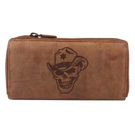 Greenburry Vintage Leather Wallet with Skull Motif - Cowboy Cowgirl Purse for Biker and Heavy Metal Fans - Women's Wallet with Skull Motif - 19 x 10 x 2.5 cm, brown, Vintage