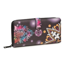 KARMA.DIEM Women's Purse with Colourful Flowers Mandala Pattern, Ethnic Style, Zip, Purse XL with Many Card Slots, Deep Purple, bohemian