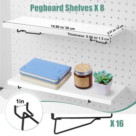 Qunclay 8 Pack Pegboard Shelf Set Wooden Shelves with Metal Brackets Hook Wall Pegboard Shelving Heavy Duty Accessories for Crafts Home Office Garage Workbench(White)