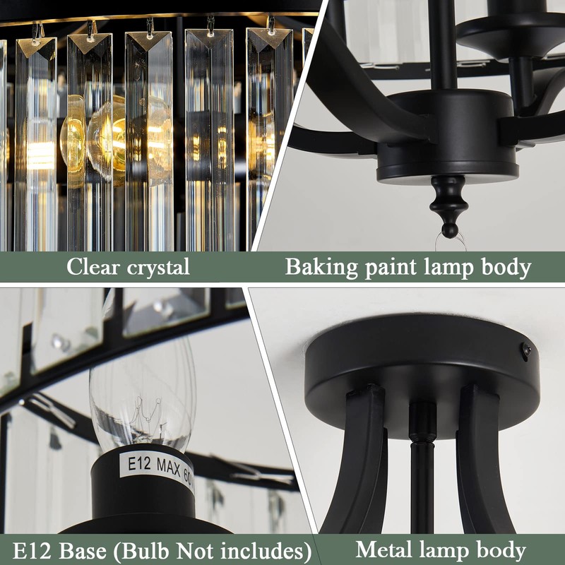 Piepooye Modern Crystal Chandelier 4 Lights Black Semi Flush Mount