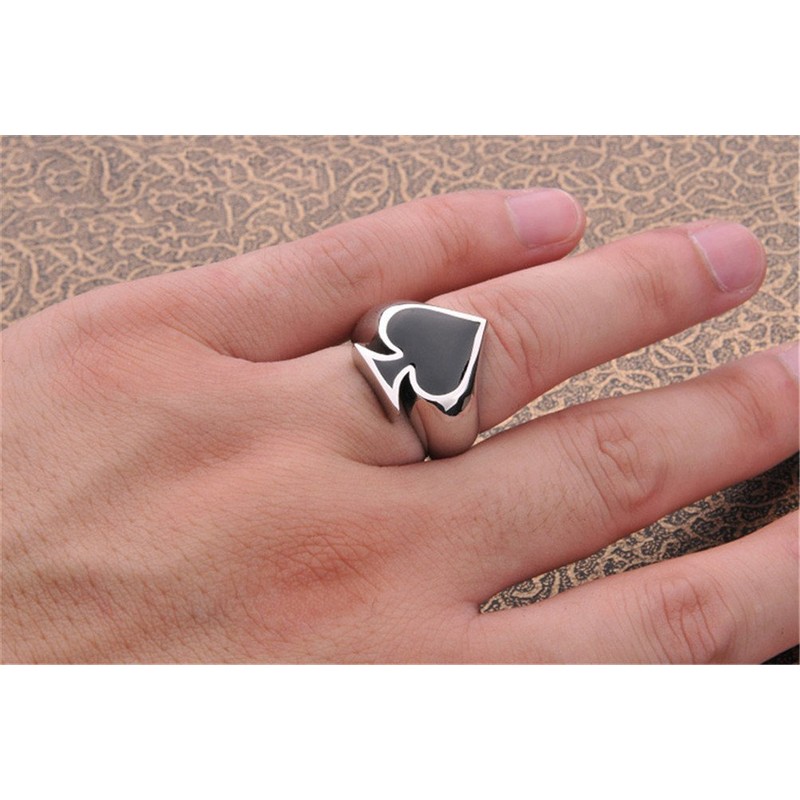Men's Women's Poker Spade Ace Ring Black Silver Size 7