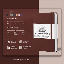 BEECHMORE BOOKS Sketch Book, A5, 5.8 x 8.3 inch Blank Sketchbook for Drawing, Paint and Draw, 156 Pages Thick Paper 160gsm, Hardcover Leather Art Notebook, Boxed for Gifts
