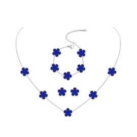 JIEMUCHU Gold Plated Stainless Steel Four Leaf Clover Bracelet, Necklace and Stud Jewelry Set for Women (Dark Blue-White Gold Plated)