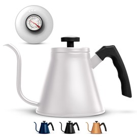 Kook Gooseneck Kettle, Kettle Stovetop, with Thermometer, Tea Pot, for Pour Over Coffee & Tea, Temperature Gauge, Electric, Compatible for Gas Stovetop, 3 Ply Stainless Steel Base, 27 oz, (White)