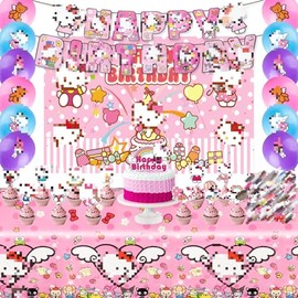 KT 95PCS Kitt y Birthday Party Decorations, Cartoon Theme Party Supplies Include Background Cloth, Banner, Stickers, Balloons, Cupcake Toppers, Tablecloth for Kids Birthday Party