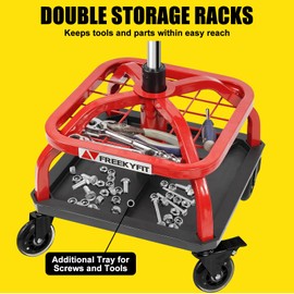 FreekyFit Rolling Shop Stool with Wheels, Garage Work Mechanic Stool with Backrest, Roller Mechanic Chair, Adjustable Height, 360° Swivel, Tool Tray Storage, 330 LBS Capacity, Heavy Duty, Yellow