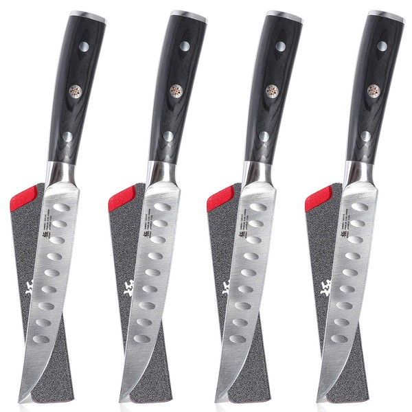 KYOKU Samurai Series - 5" Steak Knives Set of 4 with Sheath & Case - Full Tang - Japanese High Carbon Steel - Pakkawood Handle with Mosaic Pin (Japanese Steak Knife Set)