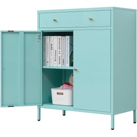 BESFUR Metal Storage Cabinet 35" H,Metal Cabinet with Drawer and Adjustable Shelf for Home Office, Garage,Classroom, Apartment, Warehouse, Utility Room Light Blue-Green