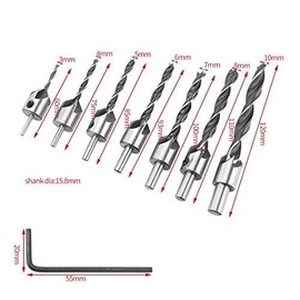 TOOLSTAR Countersink Drill Bit, 7PCS 3-10mm Woodworking Chamfer Counter Bit Set Adjustable Carpentry Reamer Plated for Wood DIY with 1 Hex Key Wrench (Silver)