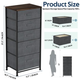 Whitmor Dresser for Bedroom, 5 Drawer Fabric Dresser, Chest of Drawers with Removable Fabric Drawer,37" Tall Wood Storage Organizer with Sturdy Steel Frame, 16.7" Lx 11.7" W x 37.2" H, Gray