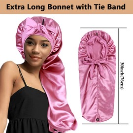 2pcs Long Satin Bonnets with Tie Band, Large Braid Bonnet Silky Hair Cap for Locs Women Sleeping, G