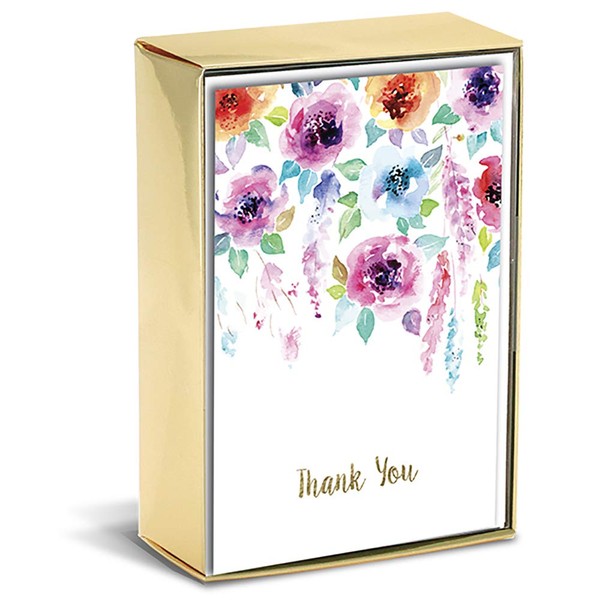 Graphique Hanging Flowers Boxed Notecards, 16 Colorful Watercolor Floral "Thank You" Message Cards, Embellished Gold Foil Notecards with Matching Envelopes and Storage Box, 3.25" x 4.75"