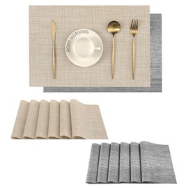 Leetaltree 6PC Grey& 6PC Beige Placemats Set of 12 - Heat Resistant Non-Slip Place mats for Dining Table, Washable Durable PVC Vinyl Woven Table Mats（6PC Grey&6PC Beige）