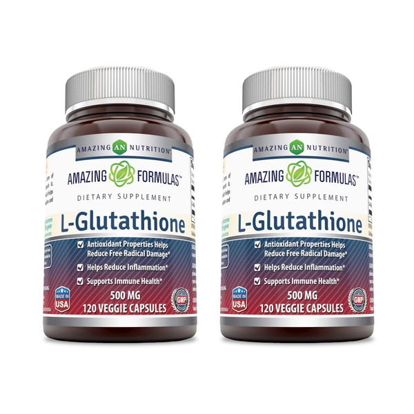 Amazing Formulas Reduced L-Glutathione 500mg Veggie Capsules Supplement | Non-GMO | Gluten Free | Made in USA | Suitable for Vegetarians (120 Count | 2 Pack)