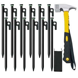 Tent Stake with Hammer, 12-Pack 12in Heavy Duty Tent Stakes + 10in Tent Stakes Hammer+Storage Pouch, Forged Steel Tent Stakes for Camping Used on Rocks, Grassland(12Pcs 12in Tent Stakes and Hammer)