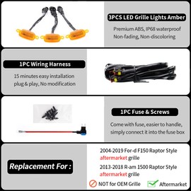 AUXLIGHT Car Accessories, 3PCS LED Grille Lights with Fuse & Wire, Compatible with 2004-2019 for-d F150 Raptor Style Aftermarket Grill, 2013-2018 R-am 1500 Raptor Style Aftermarket Grill (Amber)