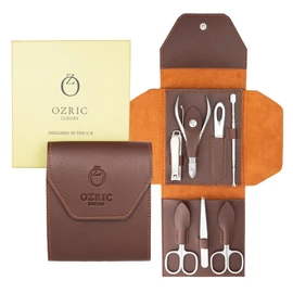 Ozric Luxury Manicure/Pedicure Set - Nail Clippers & Grooming Kit for Men & Women, Stainless Steel Nail Kit with Brown Leather Travel Pouch, UK Designed Elegance