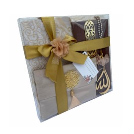 Prayer Rug | 5 in One Prayer Mat, Surah Booklet, Tasbeeh, Scarf, Quran Case Set | Pearl Prayer Beads | Islamic Gift for Her | Islamic Gifts for Occasions | Prayer Mat| Birthday Gift (Gold)