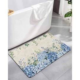 Chucoco Blue Hydrangea Rustic Eucalyptus Bath Rug Diatomite Shower Mat, Absorbent Bath Mat Non Slip Quick Dry Bathroom Rugs for Shower Bathtub Sink Kitchen Farmhouse Blue Flower