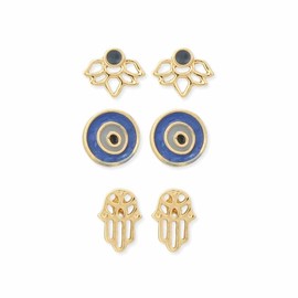 Zad Jewelry Spiritual Journey Protection Lotus, Evil Eye & Hamsa Stud Earrings Set of 3, Gold, One Size (E4573)